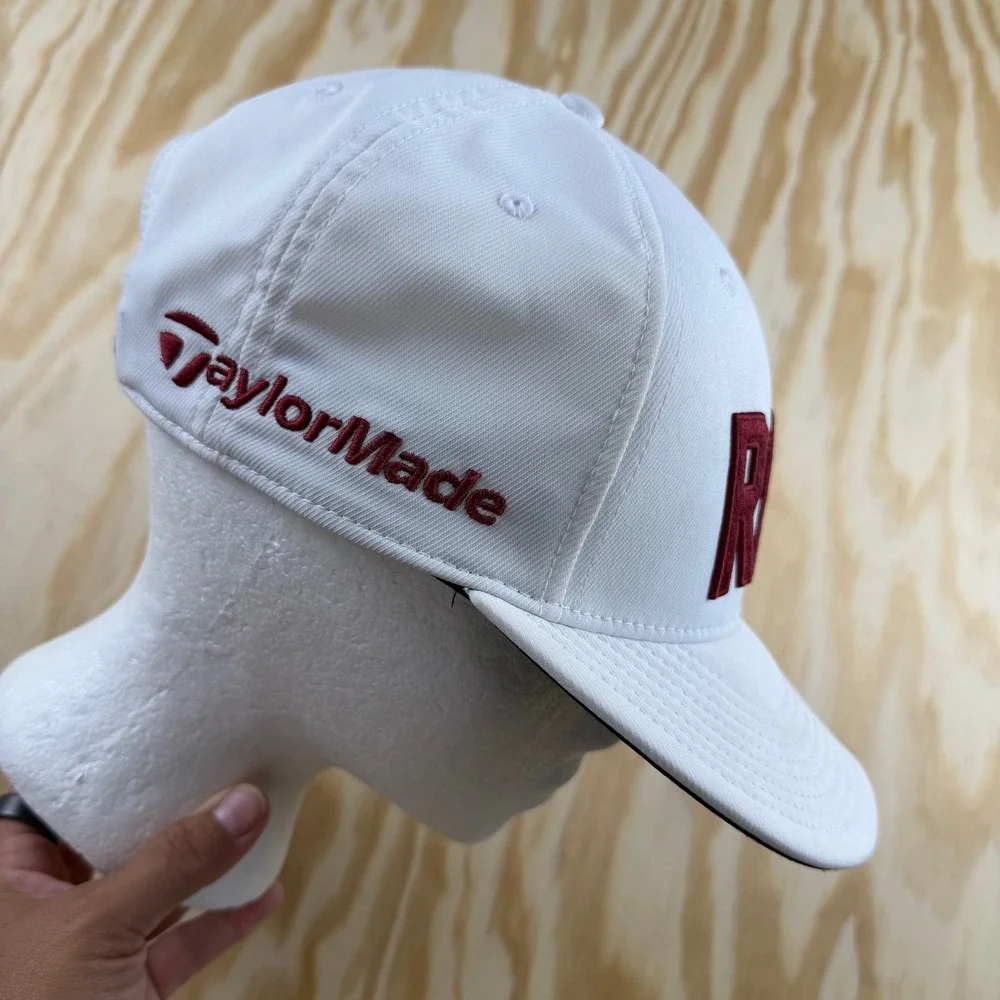 TaylorMade RAW Golf Hat Mens White Maroon Snapback Performance Cap Adjustable